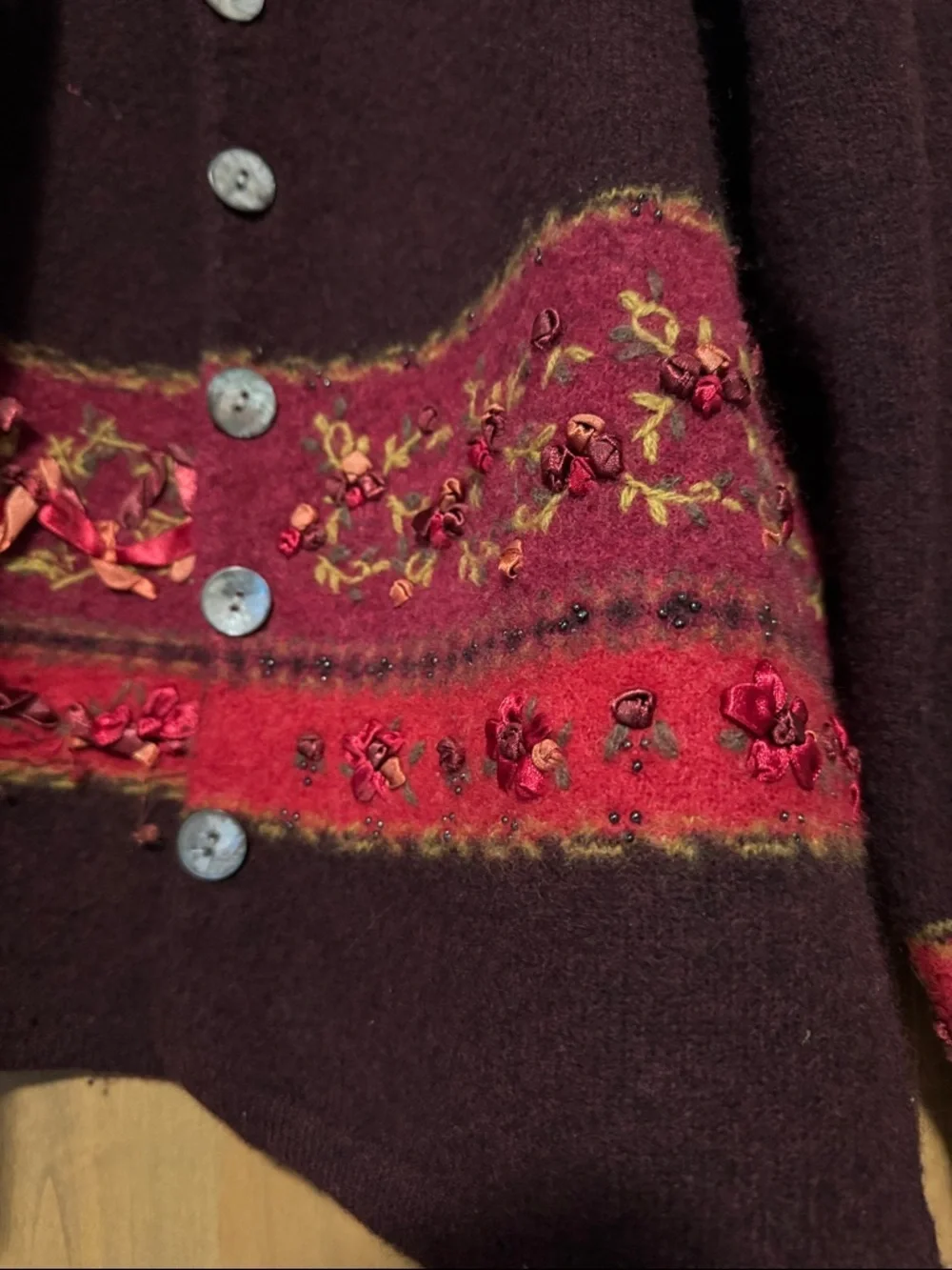 Vintage floral Lambswool cardigan Womens L satin bow flowers Cottagecore country - Picture 5 of 12